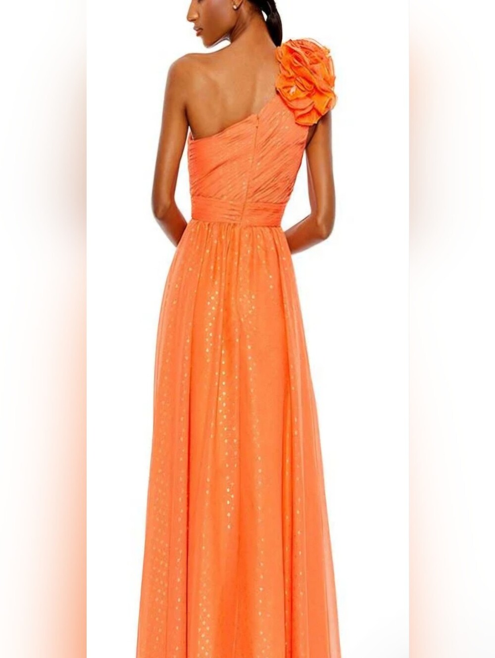Mac Duggal 49536 One-Shoulder Orange Evening Gown with Floral Shoulder Size 2 - Picture 3 of 3